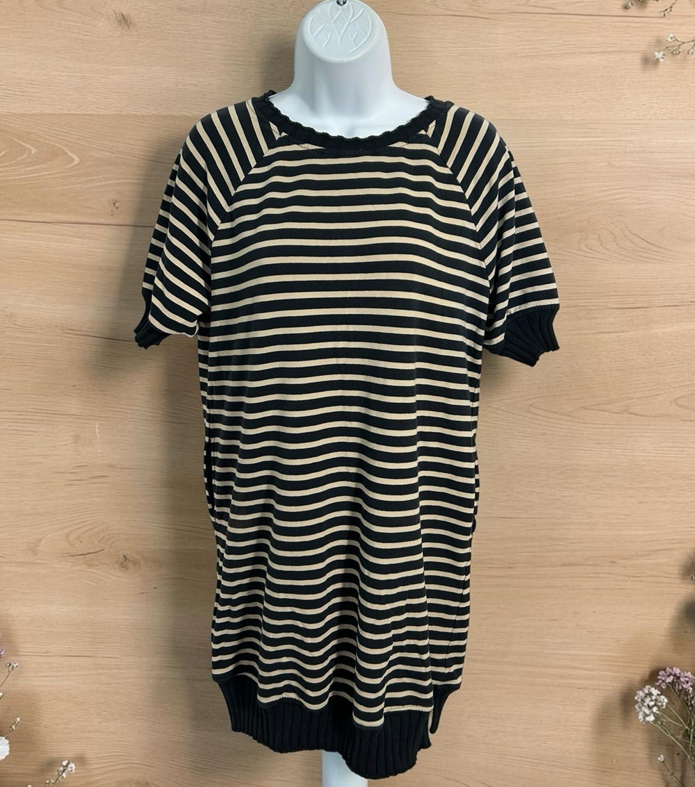 Sundays Perry Sweatshirt Dress Sz Small Black Tan Striped Casual Cozy Knit